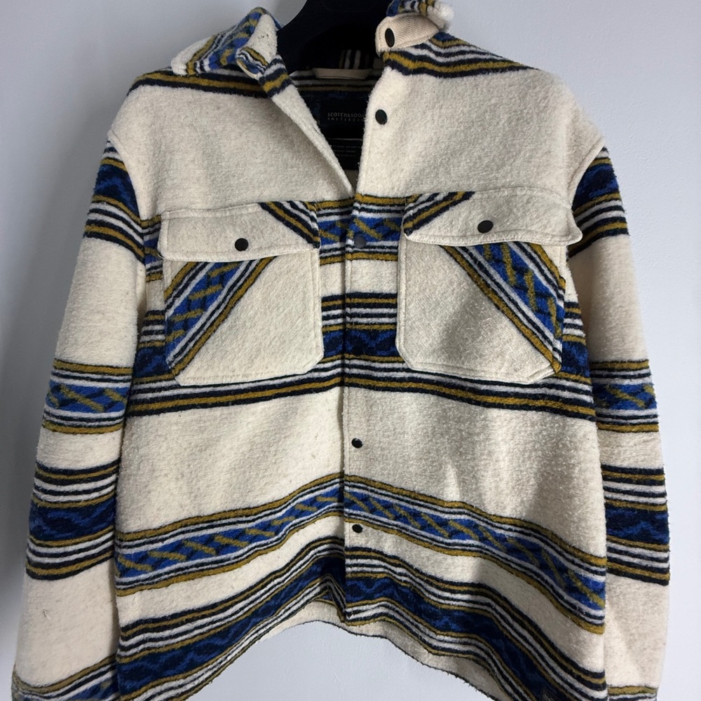 Men's Scotch & Soda Cream Striped Wool Shacket Jacket with Blue Yellow Accents
